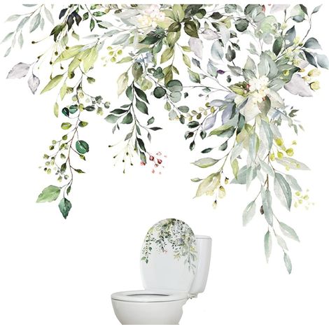 Autocollants De Toilette Feuilles Plantes Couvercle Siège Peel Amovible Murale Autocollant Mural Salle Bains Décor Fleurs Vertes