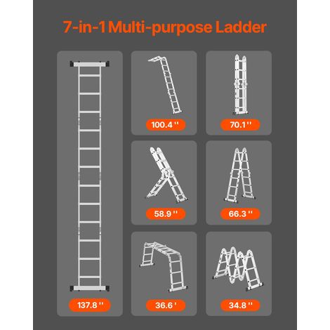 Echelle pliante polyvalente 7 en 1, escabeau cadre A 3 marches télescopique réglable, hauteur 3.73m aluminium, charge 150kg, intérieur extérieur (1/5)