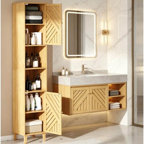 Armoire d’angle haute et étroite en bambou, 2 portes, niches ouvertes, naturel (1/5)