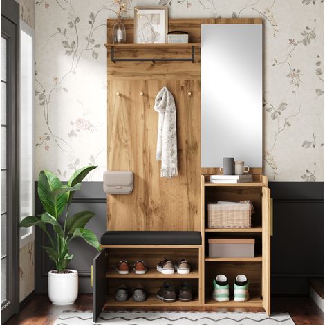 Guardaroba da ingresso in truciolare nero e rovere naturale con ganci, 100 x 38 x 185 cm, specchio e panca imbottita (1/5)