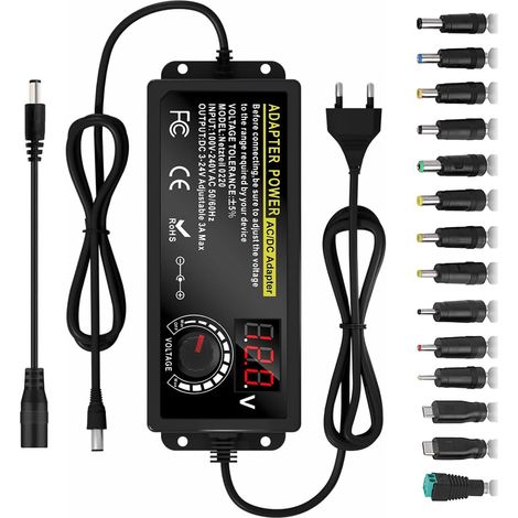 Adaptateur Secteur Universel, 3V-24V Alimentation Universelle Réglable en Tension, Max AC à DC Universal Adapter avec Affichage LED Tension et 14 Embouts, pour l'électronique Domestique (1/5)