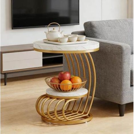 Table basse ronde 2 niveaux marbre blanc doré HAVRYA (1/5)