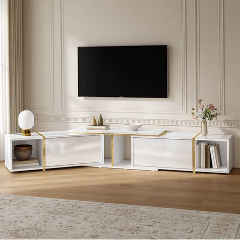 Meuble TV extensible 275x35x37 cm blanc et doré, finition brillante, rangements ouverts, meuble TV extensible en panneaux de particules (1/5)