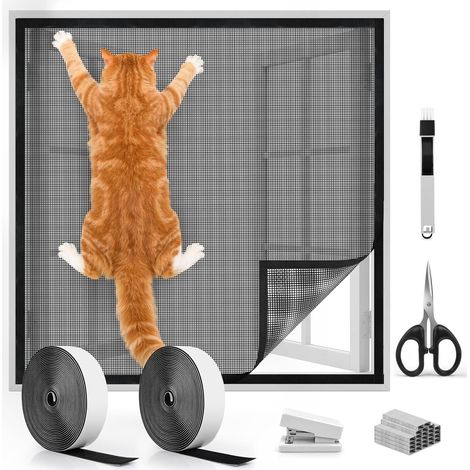 Filet pour fenêtre pour chat - 100 x 150 cm - Robuste - Avec brosse, ciseaux, agrafeuse - Taille de bricolage - Empêche les insectes d'entrer - Noir (1/5)