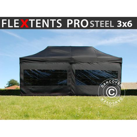 Pop up gazebo FleXtents PRO Steel 3x6 m Black, incl. 6 sidewalls