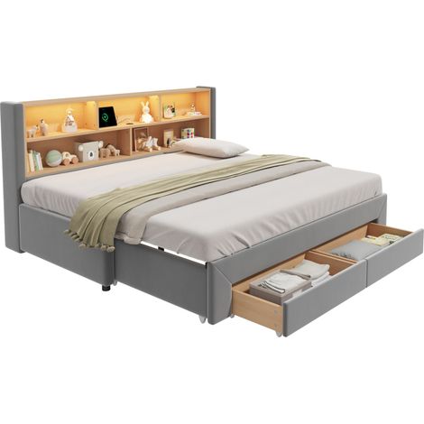 Lit gigogne 90x200 en velours gris avec 2 tiroirs, LED, USB et ports USB-C, convertible en 180 cm, rangement intégré pour chambre d'enfant et invités, de CHICFURN (1/5)