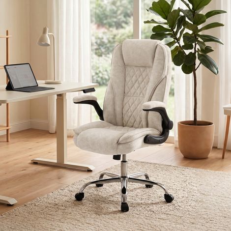 Fauteuil de bureau ergonomique beige, chaise assise réglable en hauteur, accoudoirs escamotables, dimensions 70x70x114-122 cm, siège confortable pour travail à domicile. (1/5)