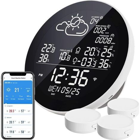 Station Météo WiFi, WLAN Thermometre Interieur Exterieur Sans fil avec 3 Capteurs Extérieurs, Avec Écran LCD (1/5)