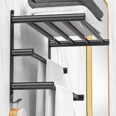 Barre porte-serviettes extensible de 17 à 30 pouces pour salle de bain, cuisine, porte-serviettes, porte-torchons, support mural en acier inoxydable SUS304, sans perçage, réglable, noir (1/5)