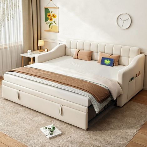 Sofá cama extensible 207x99x80 cm de terciopelo beige para espacios pequeños - MEUBLIV (1/5)