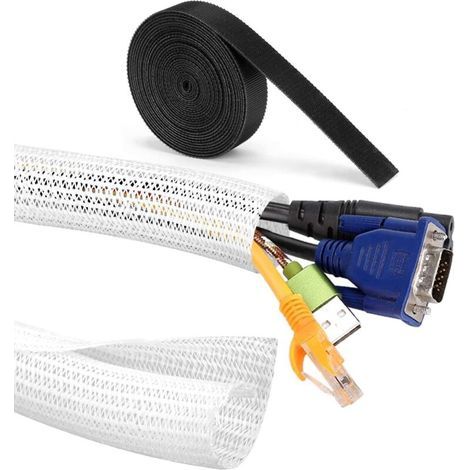 ZOLGINAH Manchon de Gaine Câble 3.2m avec 3m Serre-câbles, Gestion des Câbles Tressée en Pet, Souple Ajustable Protection du Cache-câbles pour Câbles Télé/Ordinateur/USB/Audio/Vidéo - Ø19mm, Noir (1/5)