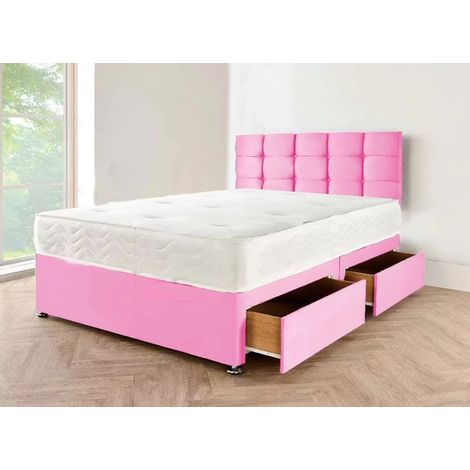 4FT6 Double Pink Suede divan bed Set with Headboard & Mattress (2 storage Drawers included)