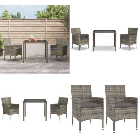 3-tlg. Garten-Essgruppe mit Kissen Grau Poly Rattan - Gartensessel - Gartentisch - Outdoor Möbel - Gartenmöbelset - Polyrattan Gartenmöbel - Home & Living