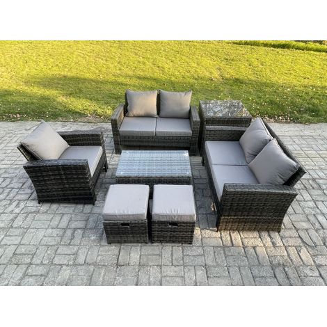 Fimous Rattan Garden Furniture Set 7 Seater Patio Outdoor Lounge Sofa Chair Set with Side Table Rectangular Coffee Table 2 Small Footstools Dark Grey Mixed (1/5)