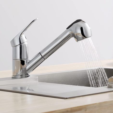 Robinet de cuisine haute pression avec douchette, 2 jets, mitigeur monocommande, rotation à 360°, chromé