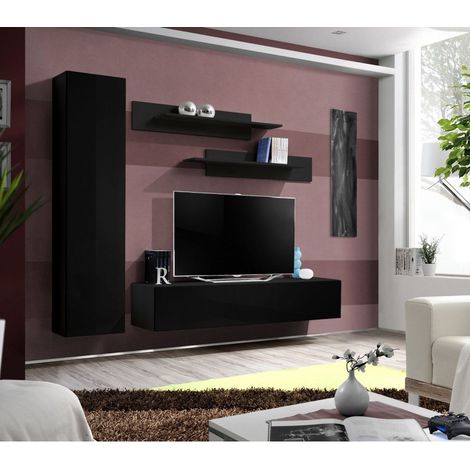 Ensemble meuble TV mural  - Fly I - 210 cm x 190 cm x 40 cm - Noir - Livraison gratuite