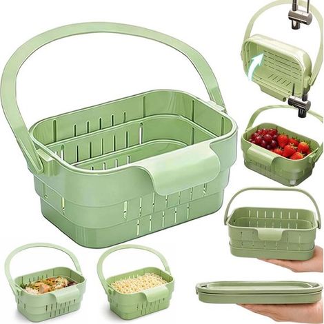 Panier égouttoir suspendu et pliable pour évier, passoire avec poignée et organiseur multifonction, pour fruits, légumes et ustensiles de cuisine, vert (1/5)