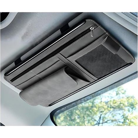 Caja de almacenamiento para visera de coche，tarjetero de cuero suave para gafas，bolsa de almacenamiento para coche，accesorios para coche (gris)