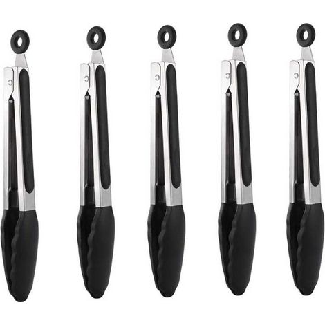 Pinze da cucina in silicone da 5 pezzi, pinze per griglia in acciaio inox, aiutanti in cucina, pinze per griglia, accessori per mescolare, utensili da cucina con ganci per cucinare, mescolare e trasfe (1/5)
