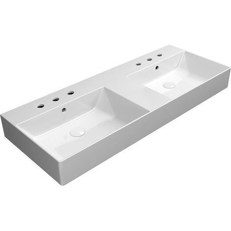 Lavabo double KUBE X en céramique 120x47cm, 3 trous de robinetterie, blanc ExtraGlaze (1/3)
