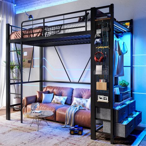 Lit mezzanine 90 x 200 cm - avec étendoir - 4 tiroirs - avec prise USB+TYPE-C - éclairage LED - échelle - noir (sans matelas) (1/5)