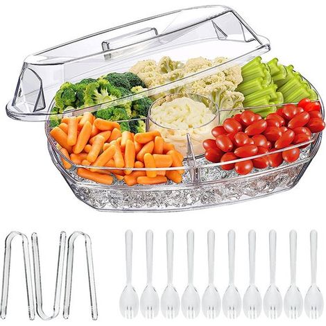 Bandeja refrigerada con tapa, bandeja grande de 38 cm para frutas y verduras con cubitera, bandeja festiva con 10 tenedores y 3 pinzas (1/5)