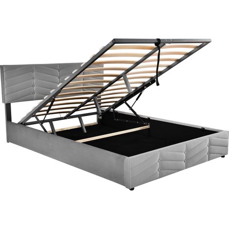 Lit double capitonné hydraulique en velours gris 140 x 190 avec tête de lit réglable MODENUIT (1/5)