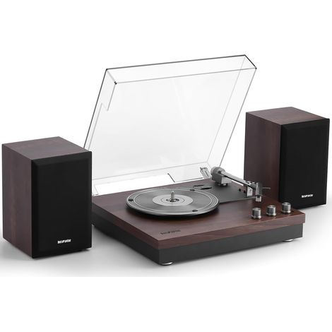 Tourne-disque 3 vitesses, 2 haut-parleurs extérieurs 15 W, Bluetooth, entrée auxiliaire, USB, LP-MP3, lecteur vinyle, bois foncé (1/5)