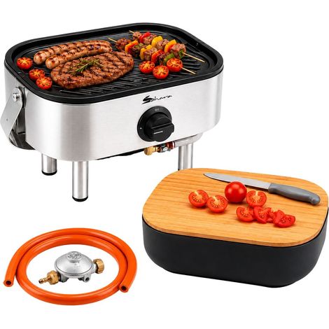 Barbecue à Gaz Portable Compact 2,7kW Grille en Fonte Mini Barbecue de Table Inox Planche à Découper Bois 2 à 4 Personnes Sahara (1/4)