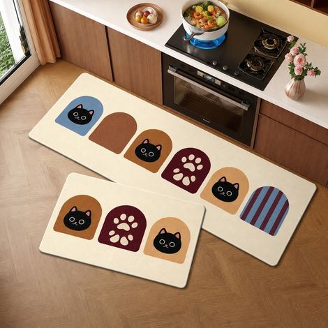 Lot de 2 Tapis de Cuisine Chat 40 x 60 + 40 x 120 cm PVC - Tapis Absorbant Anti-derapant (1/4)