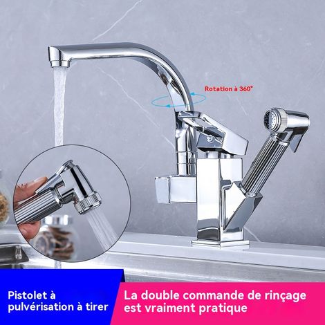 Robinet de cuisine et de salle de bain, robinet à double sortie extractible, argent (1/4)