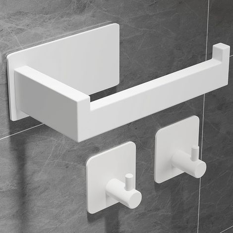 Porte-papier toilette sans perçage - Autocollant - En acier inoxydable - Avec 2 crochets pour serviette de salle de bain et cuisine - Noir et blanc (1/5)