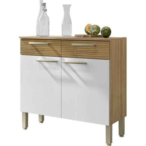 Beaux Meubles Pas Chers – Buffet bas cuisine 2 portes 2 tiroirs imitation chêne et blanc – Dimensions L 90,9 cm H 86 cm P 36,3 cm – 2 niches fermées – Bois certifié FSC (1/4)