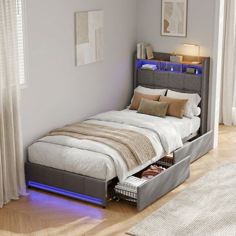 Lit 90x200 avec 2 tiroirs, lit simple, lit adulte capitonné, tête de lit de rangement, sommier à Lattes, LED RGB, interface USB/C, lin - Gris (1/5)