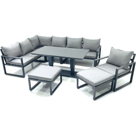 Fimous Aluminum Outdoor Garden Furniture Set Corner Sofa Chair 2 Big Footstools Adjustable Rising Lifting Dining Table Sets Dark Grey (1/5)