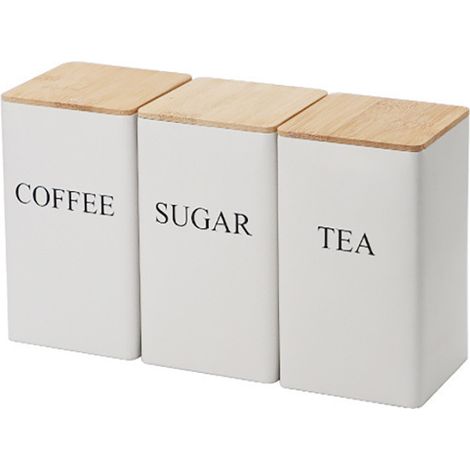 Ensemble de 3 bocaux hermétiques – Café, Thé, Sucre – Couvercle en bambou – Blanc – (1/5)