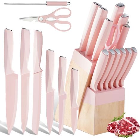 Juego de cuchillos de cocina, 14 piezas, diseño ergonómico, color rosa. (1/2)