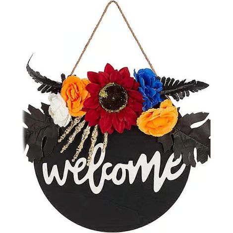 Décoration d'Halloween extérieure : panneau de porte réaliste avec fleurs pour une fête festive. (1/5)