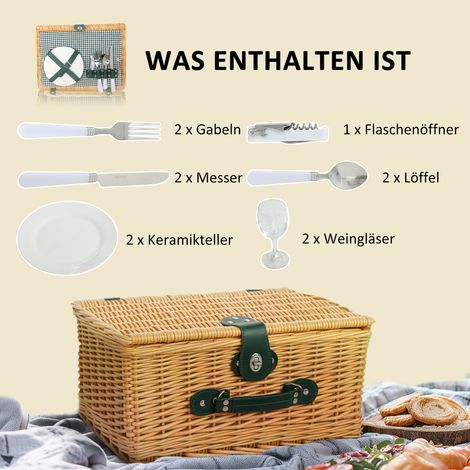 Panier pique-nique en osier naturel, kit repas duo avec compartiment réfrigéré et couverts, brun clair