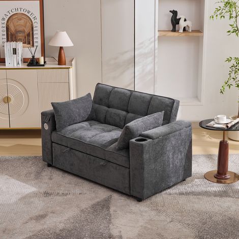 Divano letto 3 in 1 140.5x74x82 cm grigio in tessuto con schienale regolabile, USB, tavolino nascosto e portabicchieri (1/5)