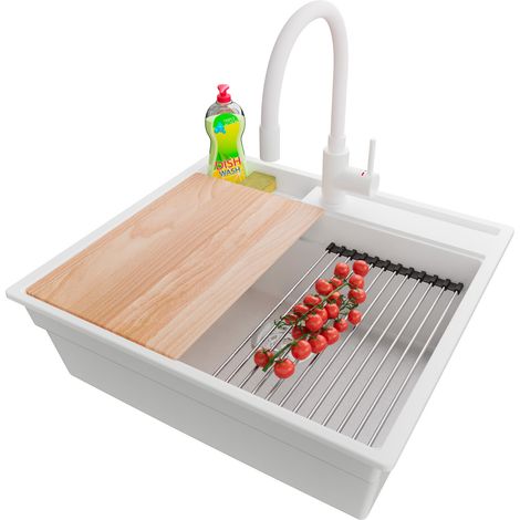 PRIMAGRAN Evier Cuisine en Granit 58x53cm,Lavabo 1 bac + Robinet 38x14cm + Kit de Vidage + Accessoires, Évier à Encastrer au meuble 60cm - Oslo Pocket, Blanc (1/5)