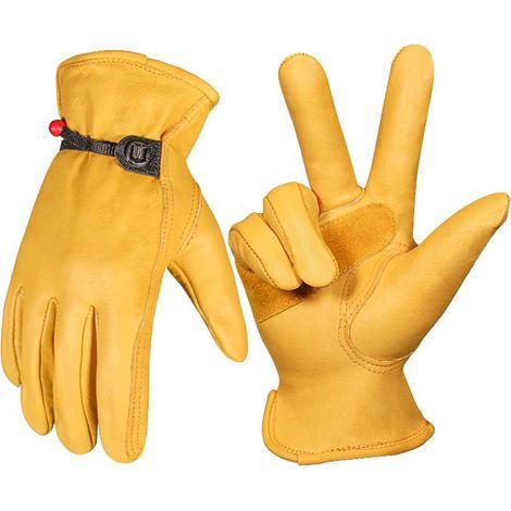 Guantes de trabajo de cuero AIDUCHO para hombre, con cierre de bola en la muñeca y cinta adhesiva, fabricados en fibra de piel de vacuno, color amarillo. (1/5)
