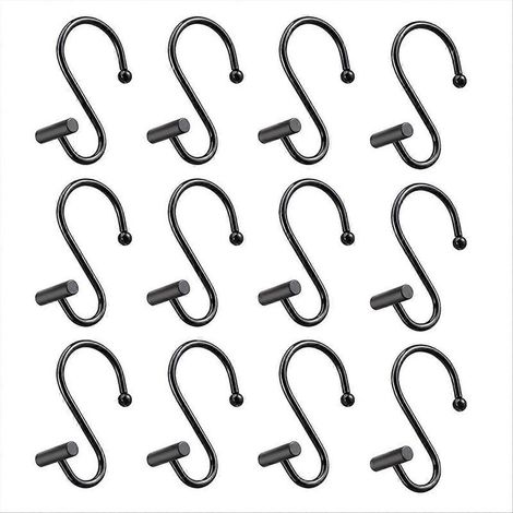 Crochets de rideau de douche noirs, lot de 12, crochets en S avec barre en T pour une suspension élégante et une installation facile dans la salle de bain. (1/5)