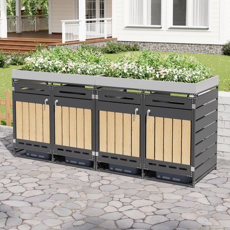 Cache-poubelle quadruple extérieur 274x79x125cm abri de jardin pour 4 conteneurs de tri sélectif avec jardinière acier et aspect bois noir et naturel (1/5)