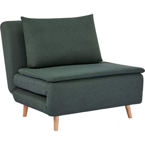 Sillón convertible en cama con respaldo ajustable y patas de madera de haya, color verde oscuro.