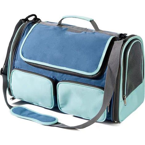 Sac de voyage portable pour chat, pliable, avec bandoulière, rembourrage, respirant, convient pour les voyages et le bain, bleu