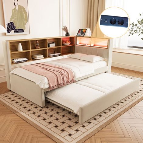 Canapé-lit - Modèle 90x200 + gigogne 90x190 - LED intégrée - Ports USB/Type-C & prise - Rangement beige