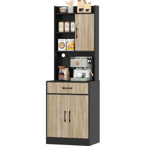 Meuble de cuisine avec plan de travail et passe câbles, commode de cuisine moderne avec tiroir, 3 étagères ouvertes, bois naturel, noir (1/5)