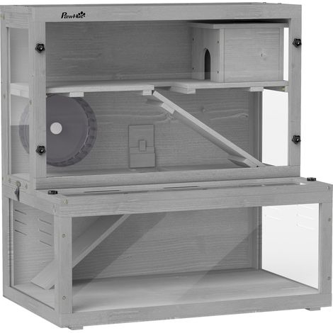 Cage en bois pour hamster, 3 niveaux avec cachette, roue d'exercice, rampes, fenêtre d'observation, compartiments séparés, 80 x 50 x 84 cm, grise (1/5)