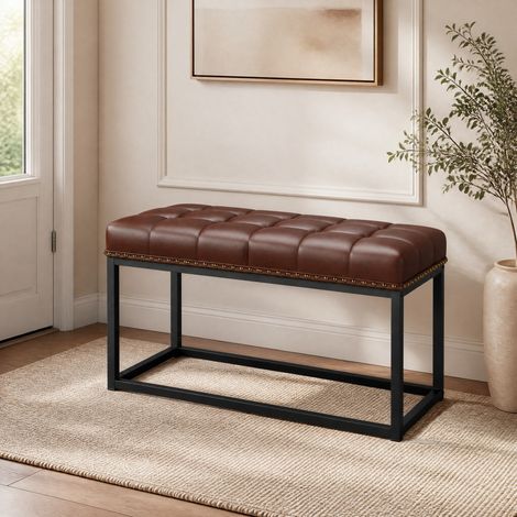 Banco vintage 90 x 46 x 52 cm en polipiel marrón con capitoné HAVRYA (1/5)